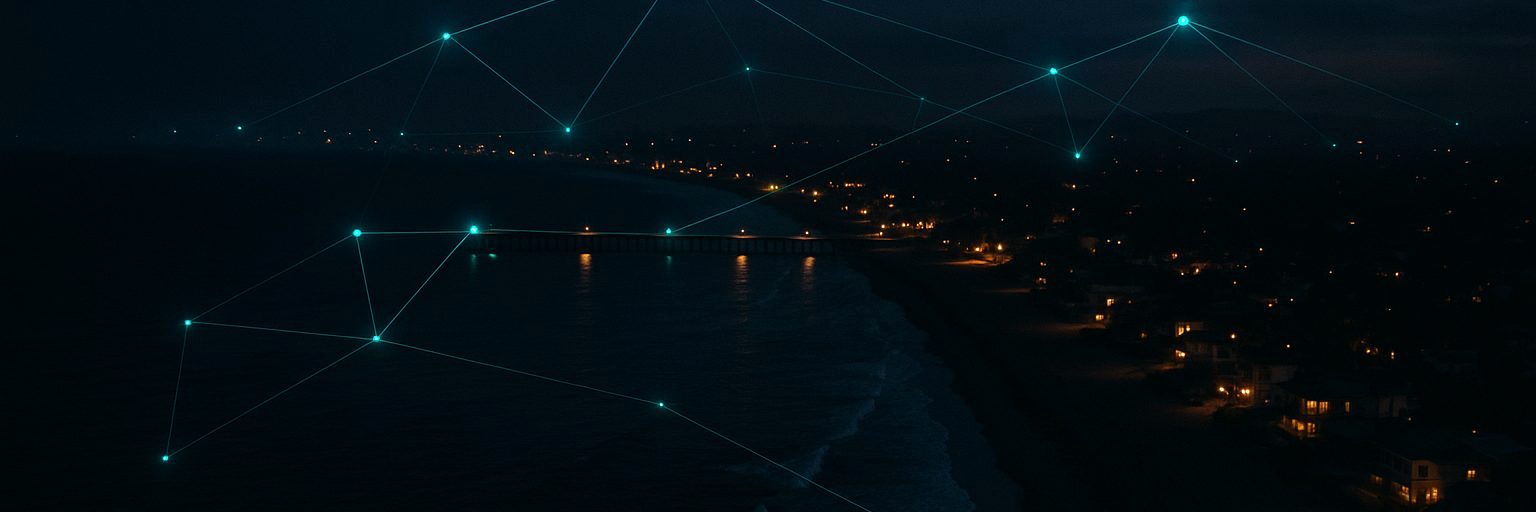 Coastal shoreline at dusk with connected points of light — a coordinated digital presence