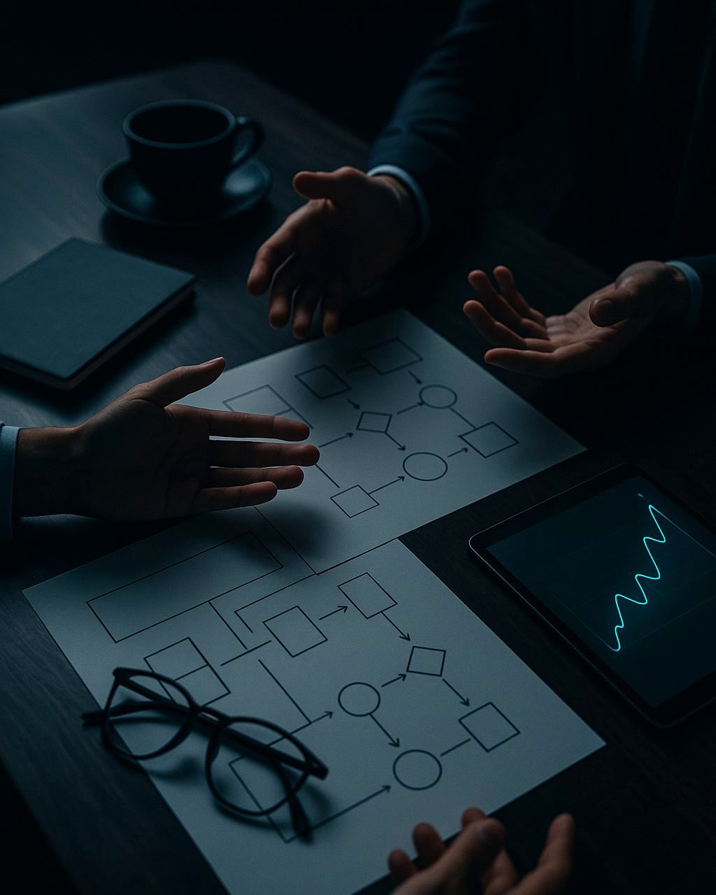 Marketing strategy session — planning materials and analytics spread across a worktable